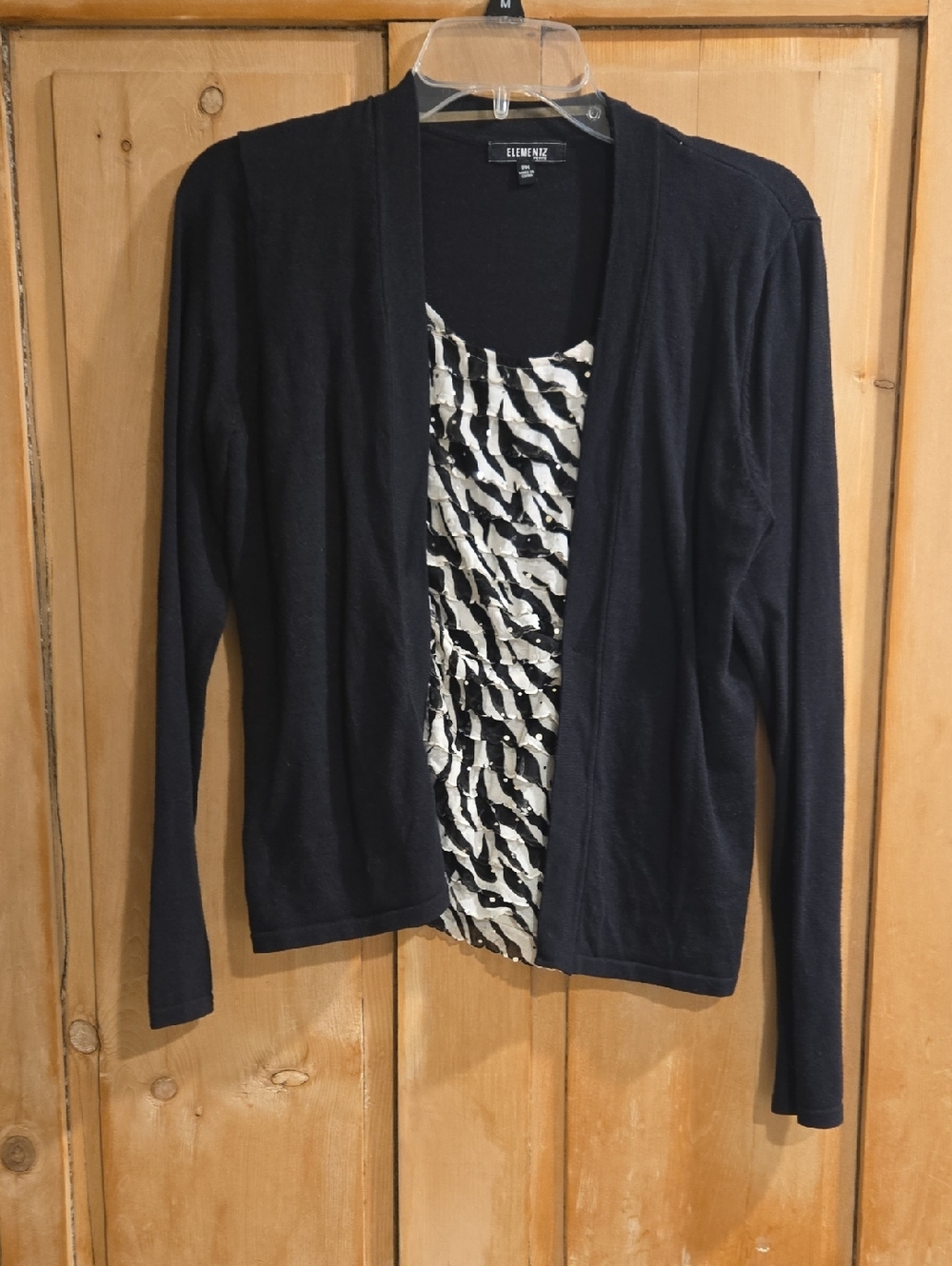 Elementz Black Cardigan With Sequined Zebra Print Underlayer
